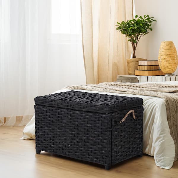 Jacob 31.5 in. Handwoven Wicker Storage Trunk, Distressed Black