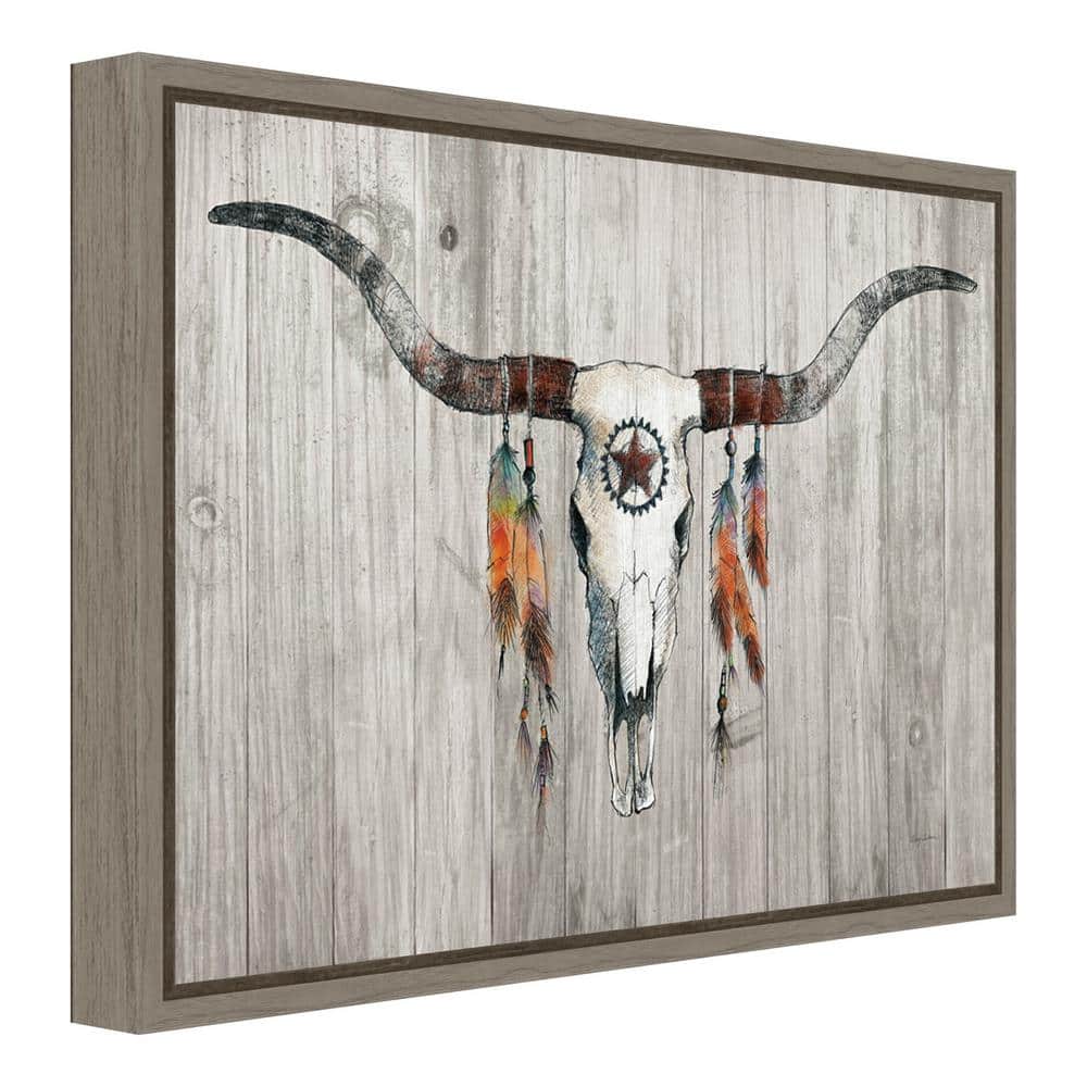 Rustic Longhorn Skull with Feathers Framed Canvas Art