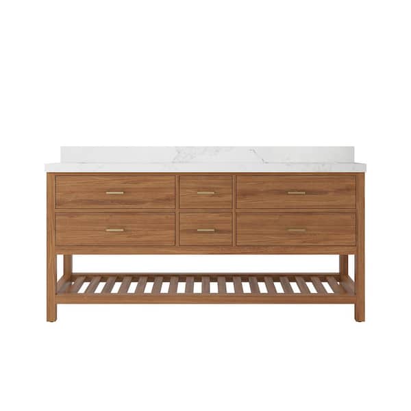 Parker Teak 72 in. W x 22 in. D x 36 in. H Double Sink Bath Vanity in Golden Teak with 2 in. Calacatta Nuvo Quartz Top