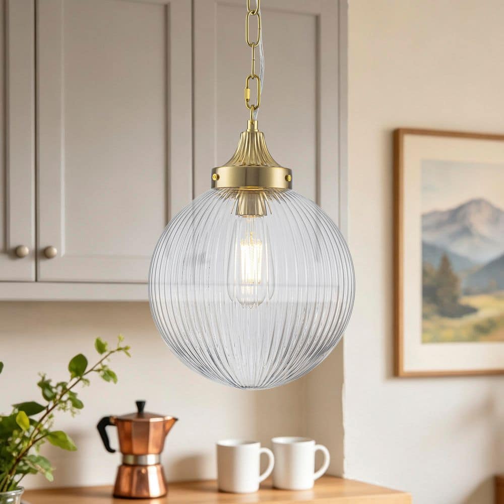 TinHon 1-Light Modern Gold Pendant Light with Ribbed Clear Glass Globe ...