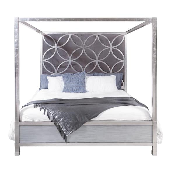 HomeFare Velvet Quatrefoil Queen Canopy Bed
