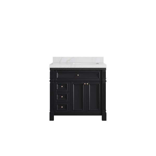 Willow Collections Paris 36 in. W x 22 in. D x 36 in. H Right Offset Sink Bath Vanity in Black with 2 in. Calacatta Sienna qt. Top
