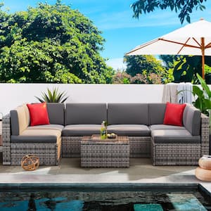 Gray 7-Piece Wicker Rattan Outdoor Sectional Set with Gray Cushions