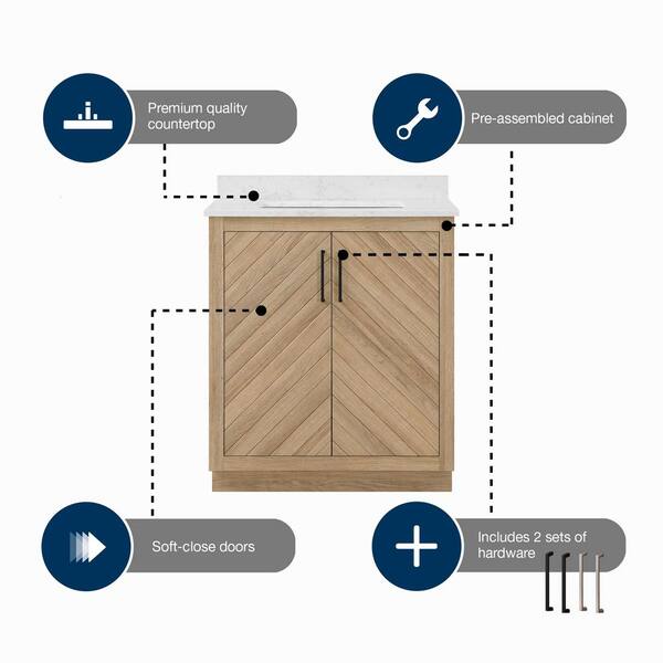 Huckleberry 30 in. Single Sink Weathered Tan Bath Vanity with White Engineered Marble Top (Assembled)