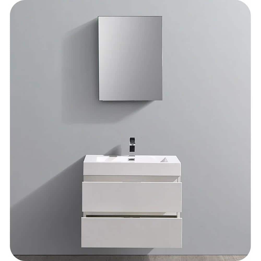 Glossy White 24" Wall-Mount Bathroom Vanity with Acrylic Sink