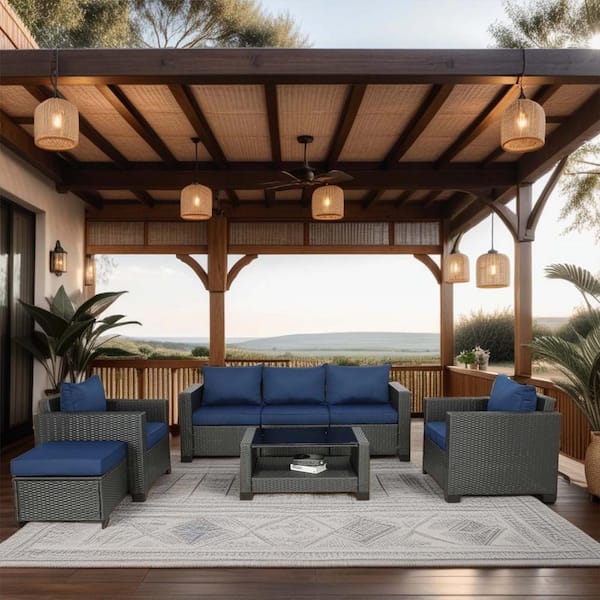 Unbranded 7-Piece Dark Coffee Wicker Patio Outdoor Conversation Set with Dark Blue Cushions Loveseat, Coffee Table and Storage Box