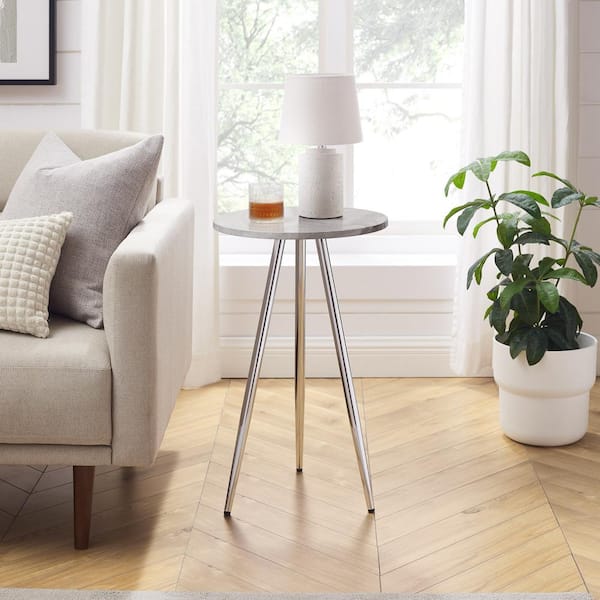 Minimalist 15.75 in. Faux Grey Marble and Chrome Round Wood End Table with Tripod Legs