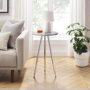 Minimalist 15.75 in. Faux Grey Marble and Chrome Round Wood End Table with Tripod Legs