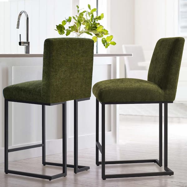 25 in. Green High Back Metal Frame Counter Height Fabric Bar Stool (Set of 2)