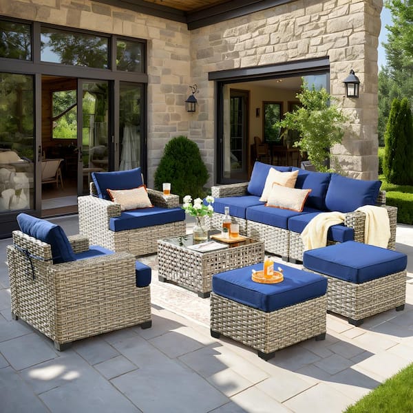 Kelley's 8-Piece Wicker Modern Outdoor Patio Conversation Sofa Seating Set with a LED Table and Navy-Blue Cushions