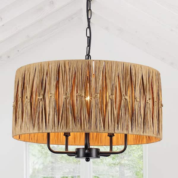 5-Light Black Candle Design Hanging Linear Chandelier Lighting Fixture with Lafite Shade for Kitchen Island