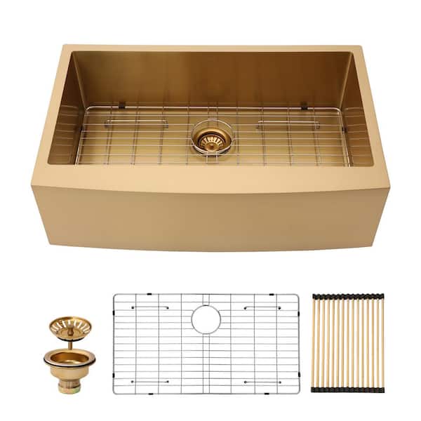 33 in. Farmhouse Single Bowl 16 Gauge Gold Stainless Steel Kitchen Sink with Bottom Grids