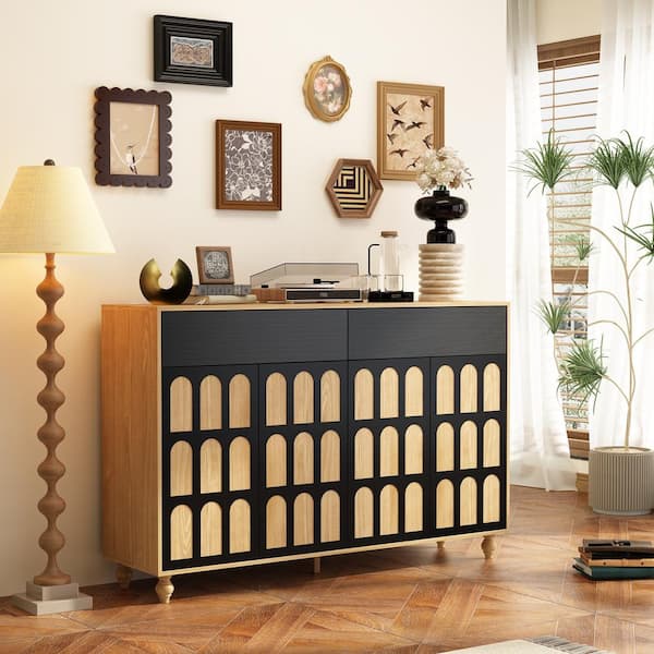 59 in. L Brown Rectangle Wood Console Table Accent Cabinet Hallway with Push-to-Open Doors, Drawers, Arch-Pattern Design