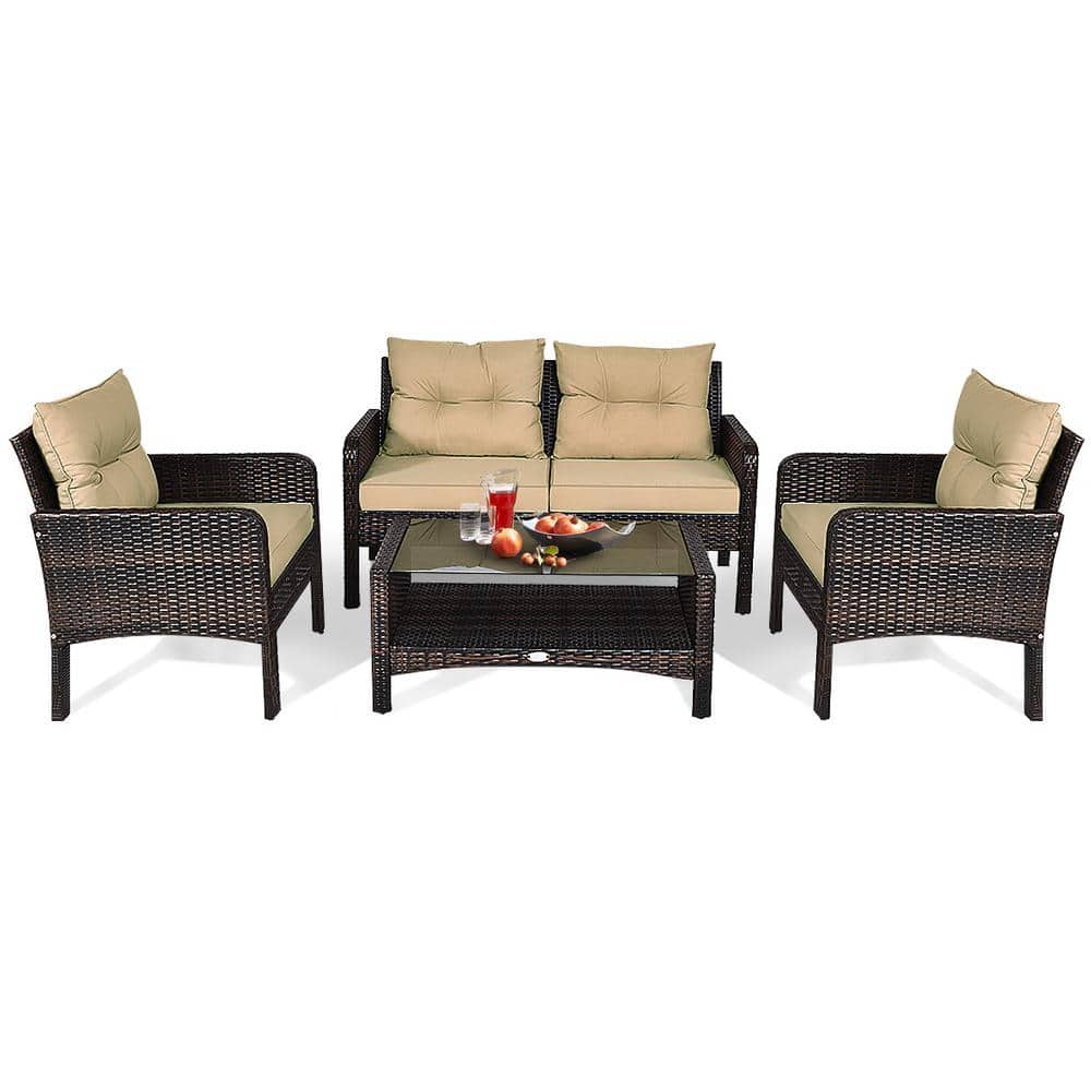 4-Piece Wicker Patio Conversation Set Rattan Loveseat Sofa Coffee Table & Glass Top with Yellowish Cushions price history on PriceWatchPro