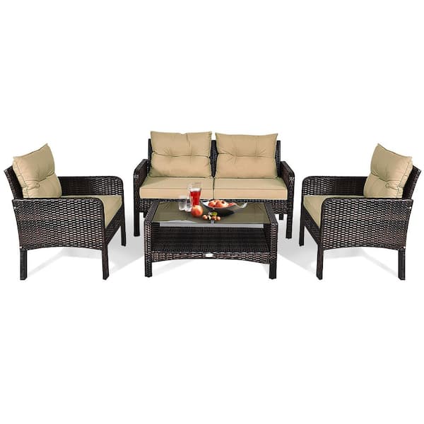 HONEY JOY 4-Piece Wicker Patio Conversation Set Rattan Loveseat Sofa Coffee Table & Glass Top with Yellowish Cushions
