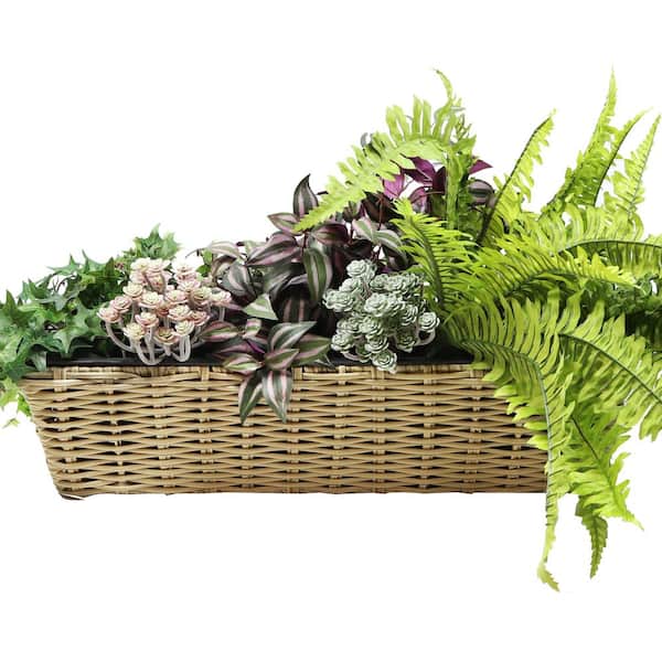 Sunnydaze Sunnydaze Hanging Rectangle Polyrattan Rail Planter with Liner - Light Brown