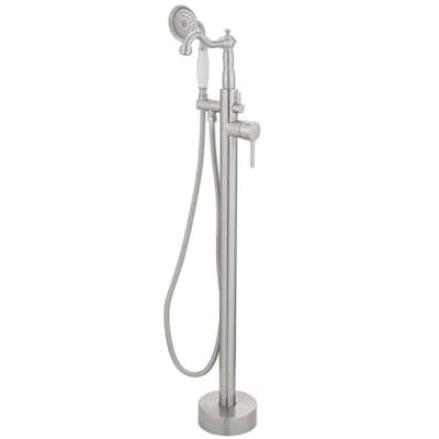 1-Handle Floor Mount Freestanding Claw Foot Tub Faucet Bathtub Filler with Hand Shower in Brushed Nickel