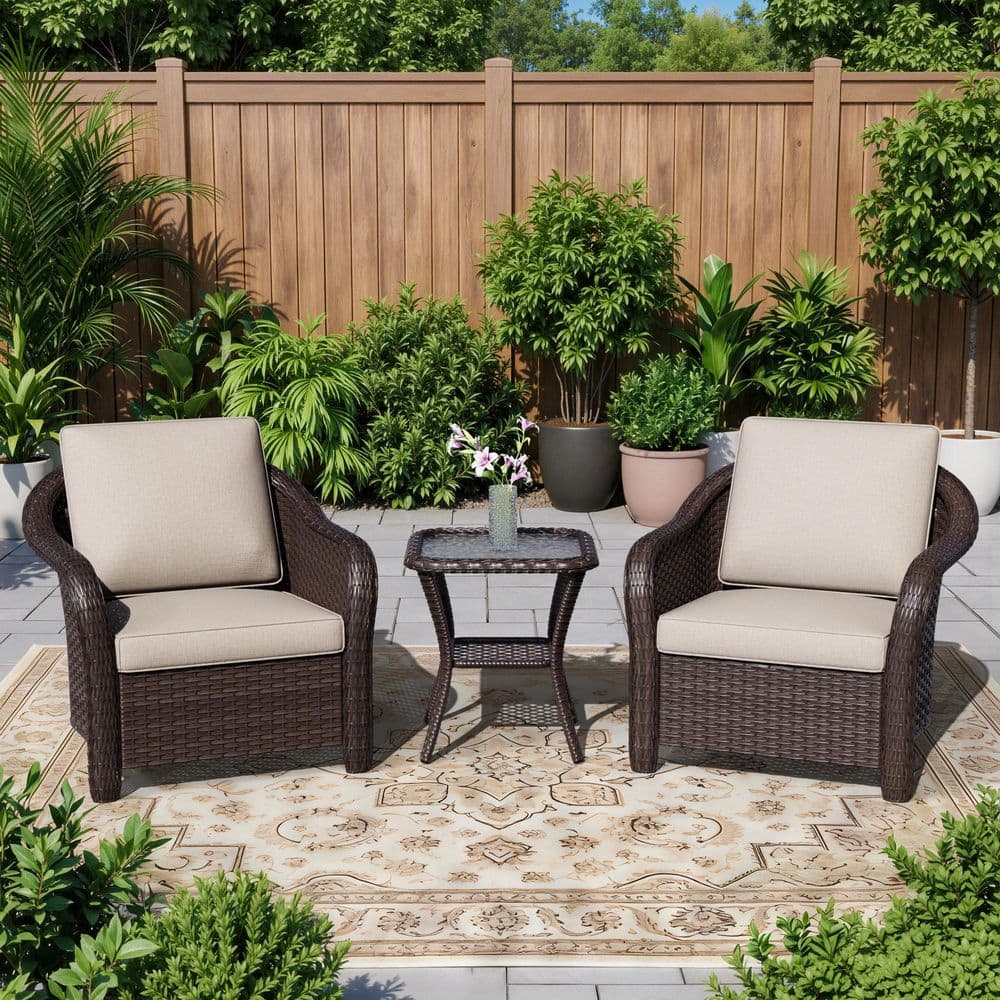 3-Piece Outdoor Dark Brown Wicker Patio Conversation Set with Lounge Chairs, Coffee Table and Beige Cushions price history on PriceWatchPro