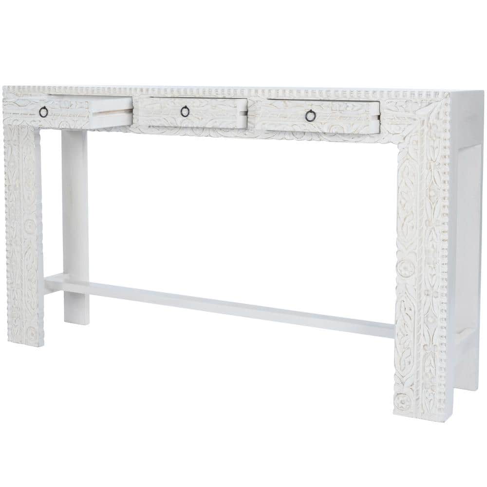 Light Mango Wood Carved Entryway Console Table with Storage