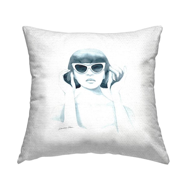 Stupell Industries Retro Girl in Sunglasses Blue Square Outdoor Throw Pillow