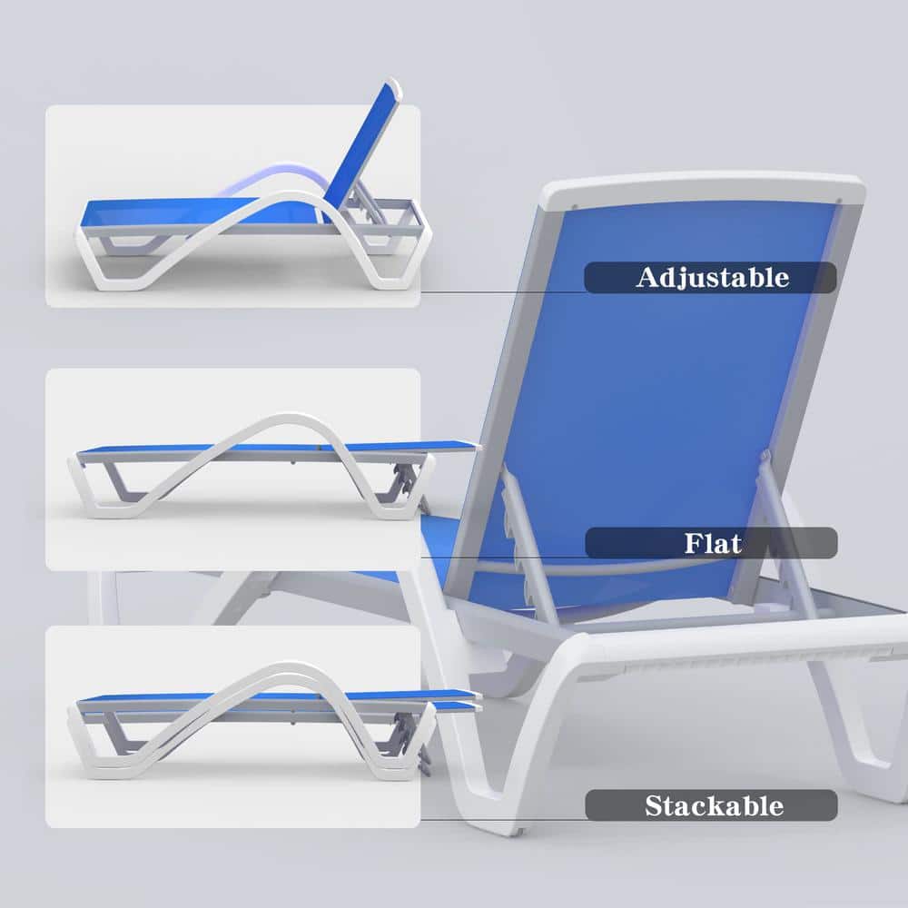 Blue Aluminum Adjustable Outdoor Chaise Lounge Set with Table