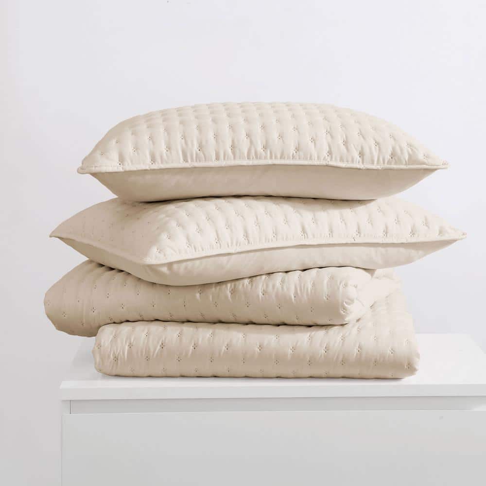 Beige Full Microfiber Bubble Quilt Set with Shams