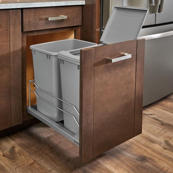 Silver Double Pull Out Trash Can 35 qt. with Soft-Close