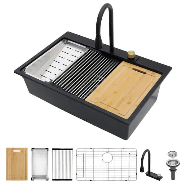 33 in.Gunmetal Black Drop-In Single Bowl Waterfall Quartz Composite Workstation Kitchen Sink w/ Pull Out Faucet