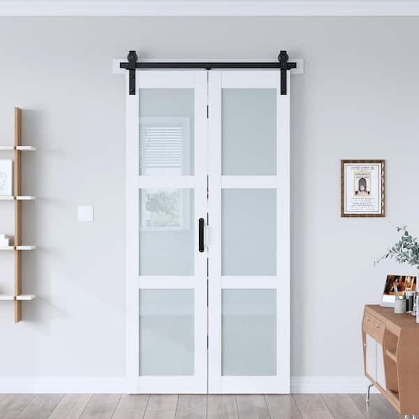42 in. x 84 in. 3-Lite Tempered Frosted Glass Solid Core White Finished MDF Wood Bi-fold Door with Hardware Kit
