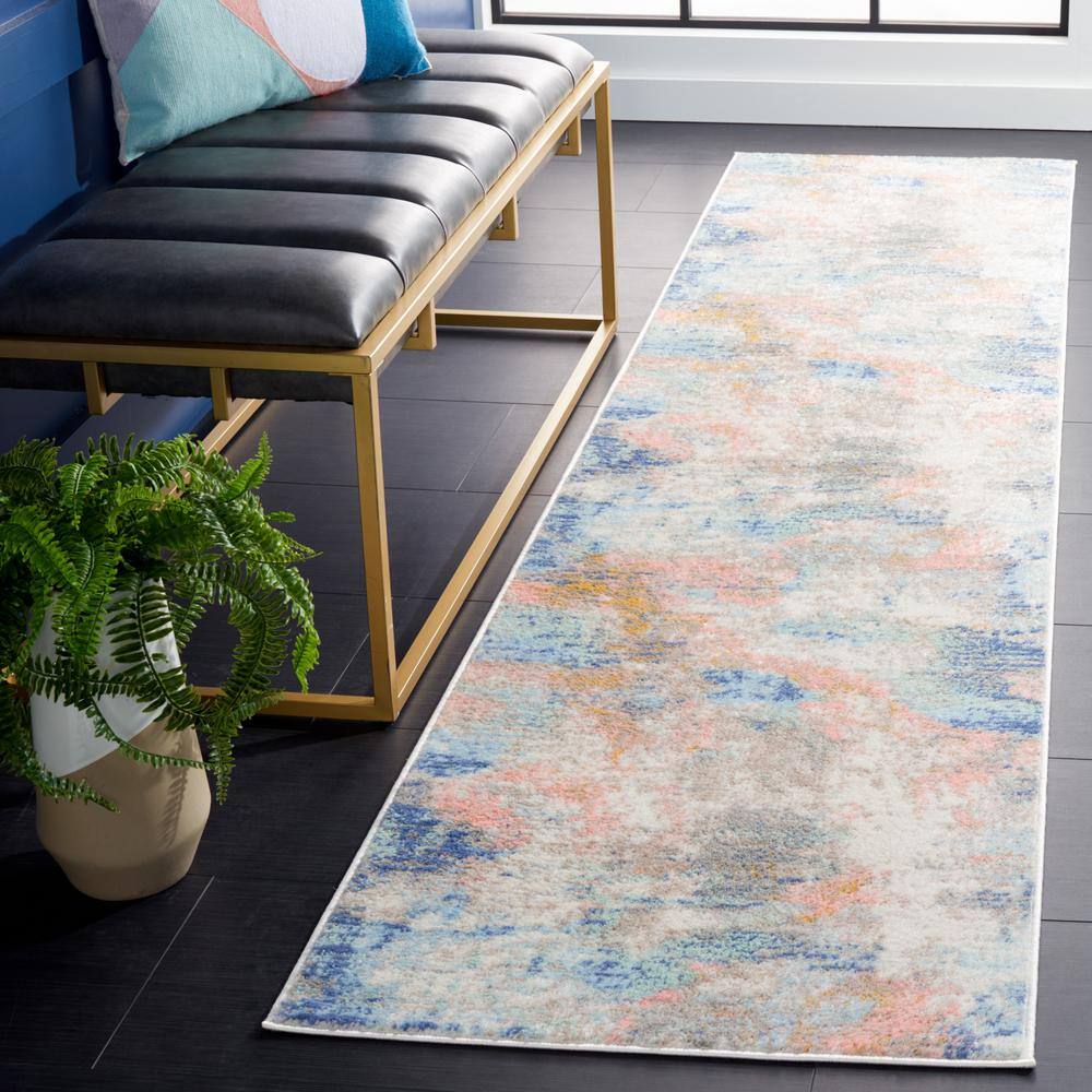 Beige Blue/Pink Distressed Synthetic Runner Rug, 2'2" x 9'