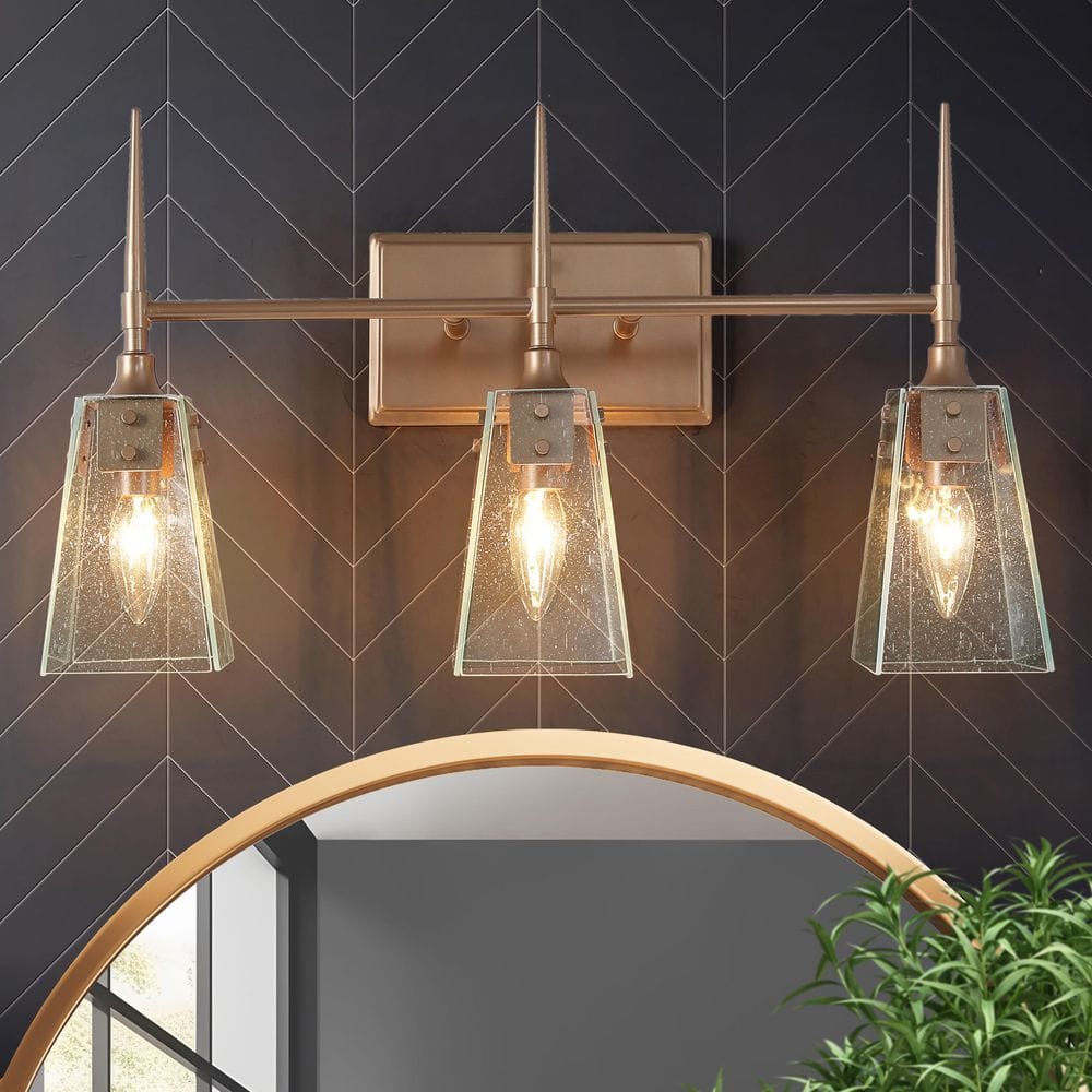 21.5 in. Modern Transitional Bathroom Vanity Light, 3-Light Brass Wall Sconce with Seeded Glass Shades for Powder Room price history on PriceWatchPro
