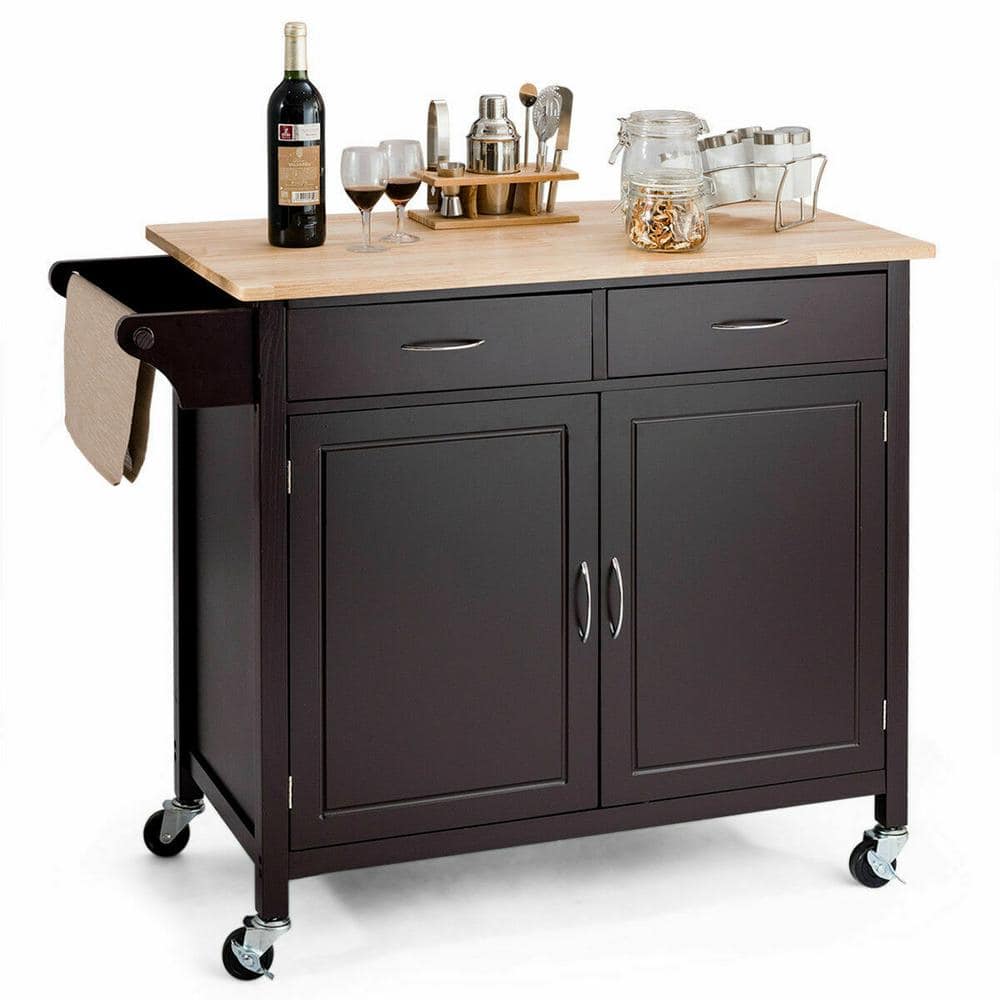 Modern Dark Brown Rolling Kitchen Cart with Wood Top and Storage