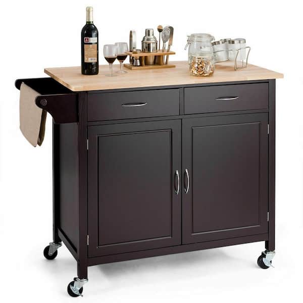 Costway Modern Espresso Kitchen Cart with Natural Wood Top