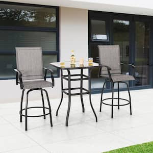 Black 3-Piece Metal and Textilene Outdoor Patio Bar Set with Swivel Bar Stools