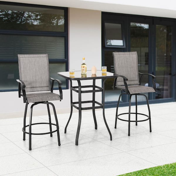 Black 3-Piece Metal and Textilene Outdoor Patio Bar Set with Swivel Bar Stools
