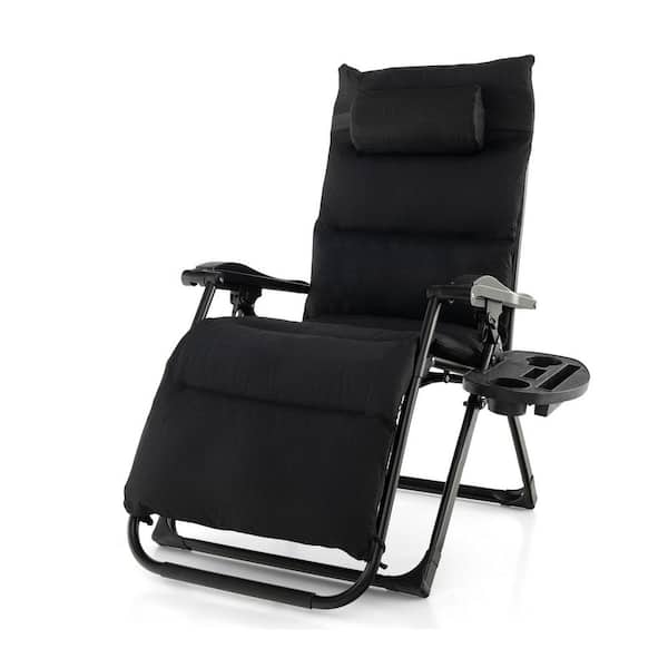 Unbranded Outdoor Adjustable Metal Folding Zero Gravity Lounge Chair with Removable Cushion and Cup Holder Tray, Black