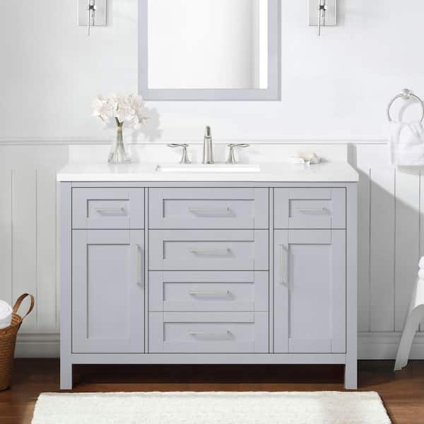 OVE Decors Tahoe III 48 in. W x 21 in. D x 35 in. H Single Sink Bath Vanity in Dove Gray with White Engineered Stone Top and Mirror