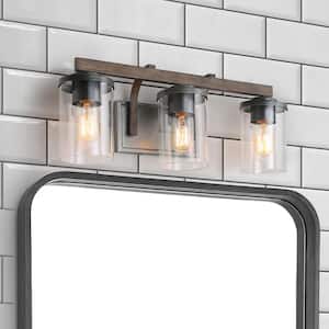 Weyland Farmhouse 20 in. 3-Light Rust Black Bathroom Bar Vanity Light with Faux Wood Accents and Clear Glass Shades