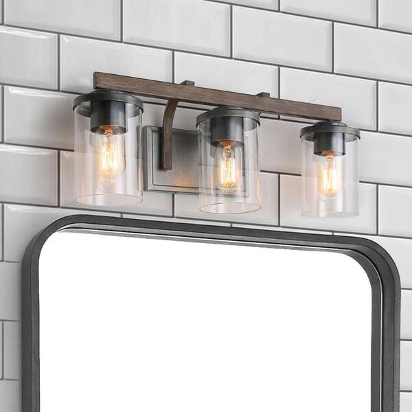 Lnc Weyland Farmhouse 20 In 3 Light Rust Black Bathroom Bar Vanity With Faux Wood Accents And Clear Glass Shades A03409 Black Bathroom Bar Vanity Light, How To Clean Rust Off Bathroom Light Fixtures