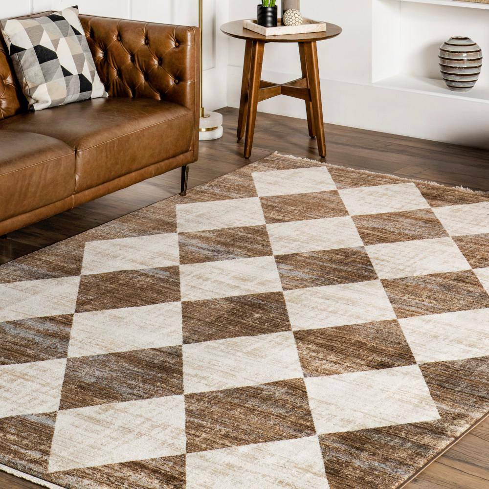 Meline Beige and Brown Checkered Rectangular Area Rug