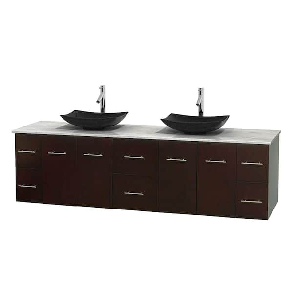 Wyndham Collection Centra 80 in. Double Vanity in Espresso with Marble Vanity Top in Carrara White and Black Granite Sinks