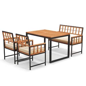 4-Piece Metal and Acacia Wood Outdoor Dining Set with Beige Cushion