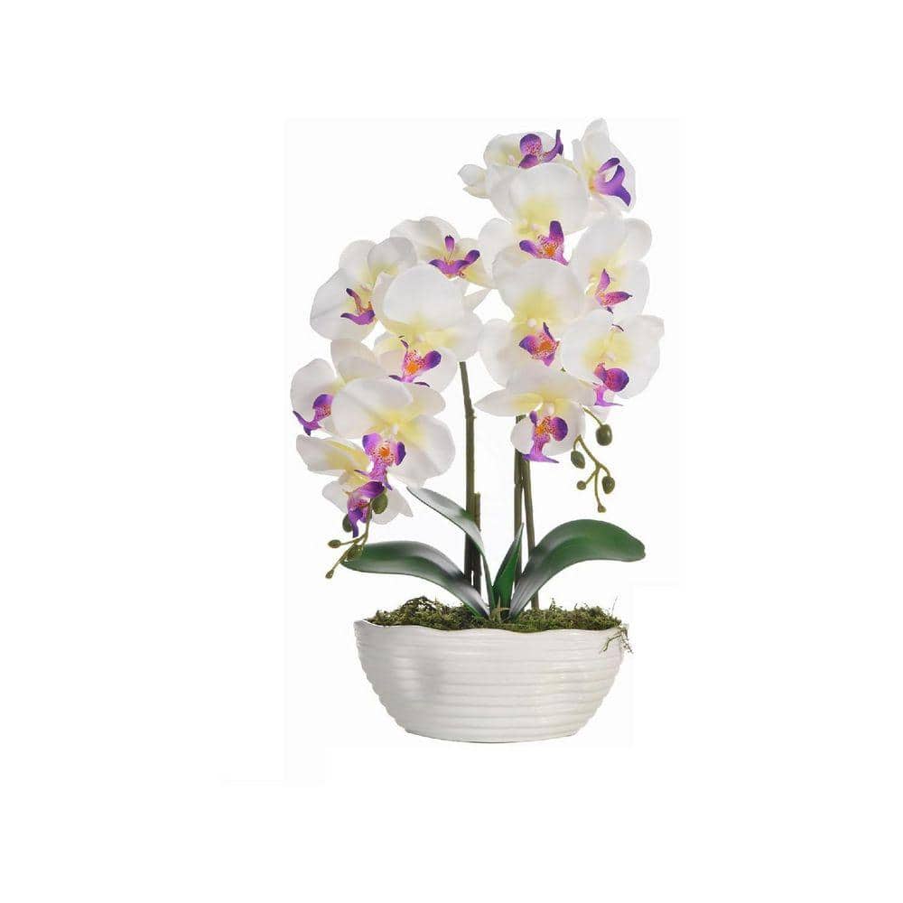 18 in. White Outdoor Large Artificial Orchid in Ceramic Pot