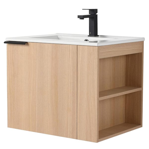 FINE FIXTURES Elmridge 24 in. Single Right Hand Wall Mounted Sand Oak Bath Vanity with White Ceramic Sink Top