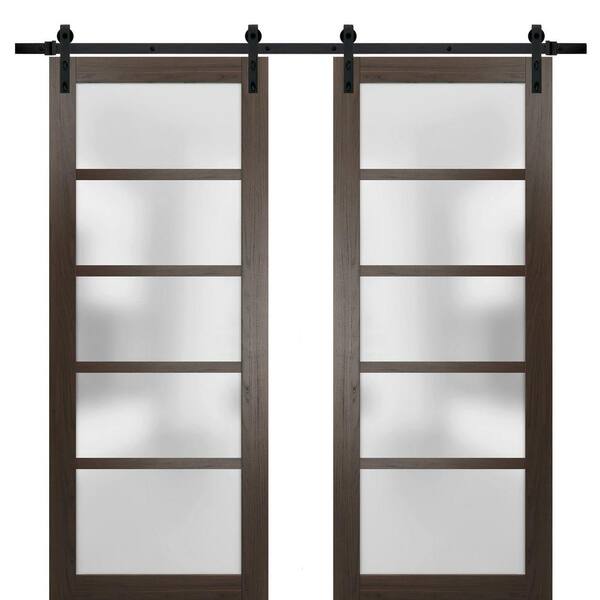 Sartodoors 18 in. x 96 in. 2 Panel Frosted Glass Chocolate Ash Solid MDF Sliding Barn Door with Hardware Kit