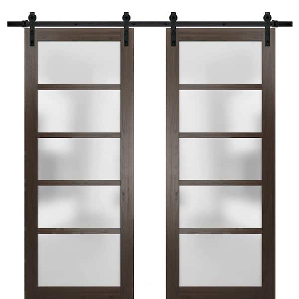 Sartodoors 32 in. x 84 in. 2 Panel Frosted Glass Chocolate Ash Solid MDF Sliding Barn Door with Hardware Kit