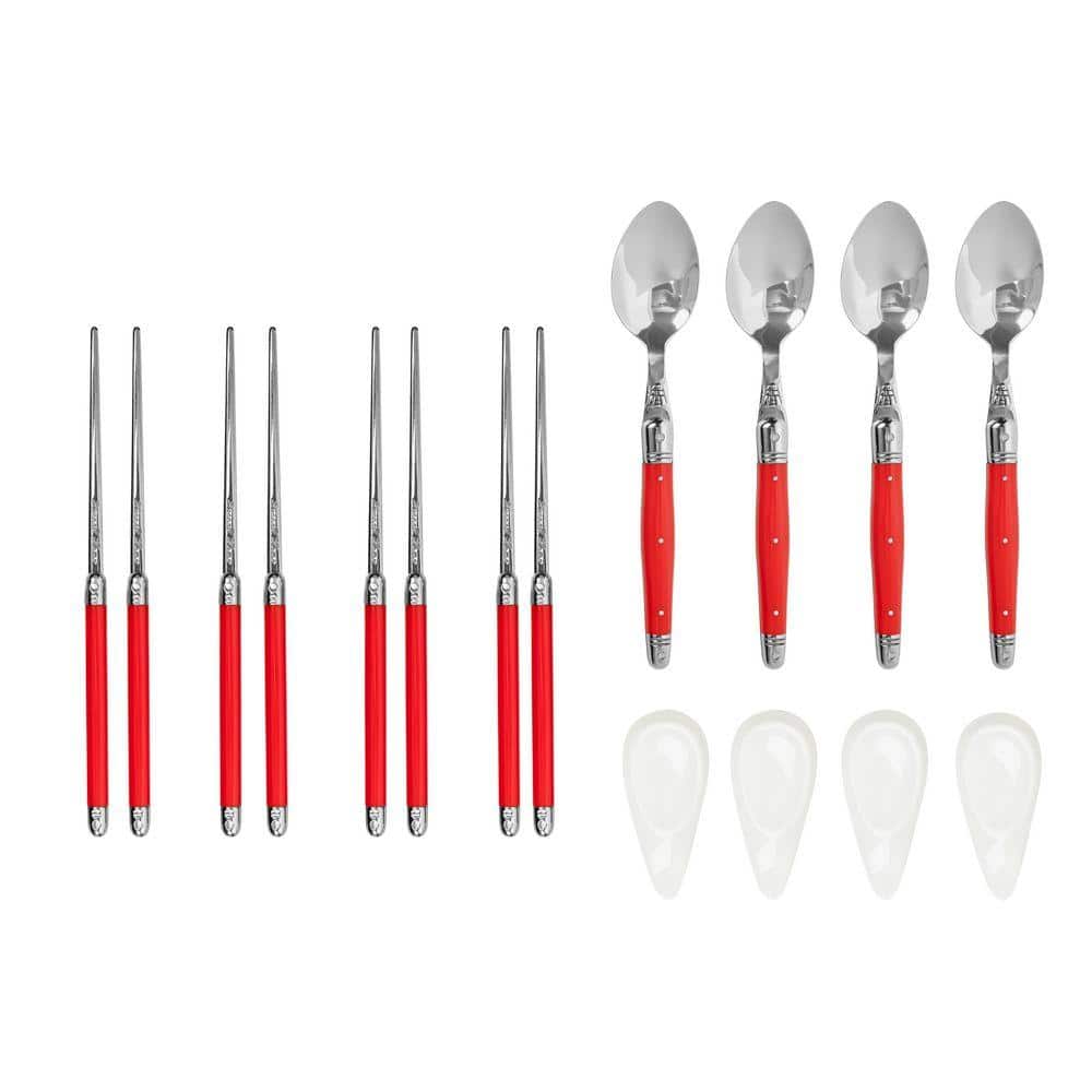 French Home Red Chopsticks, Laguiole Spoons and Ceramic Rests, Set