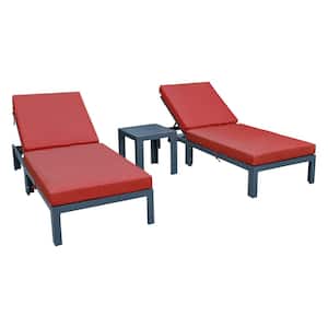Chelsea Modern Black Aluminum Outdoor Patio Chaise Lounge Chair with Side Table and Red Cushions (Set of 2)