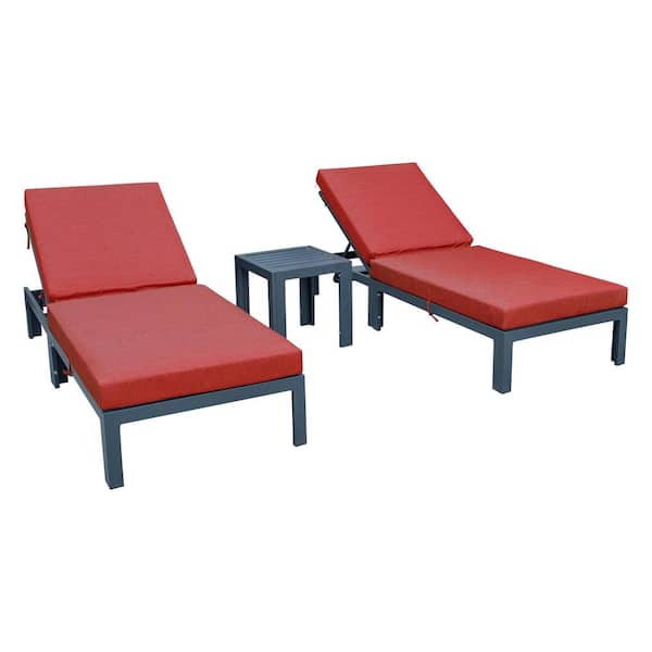 Leisuremod Chelsea Modern Black Aluminum Outdoor Patio Chaise Lounge Chair with Side Table and Red Cushions (Set of 2)