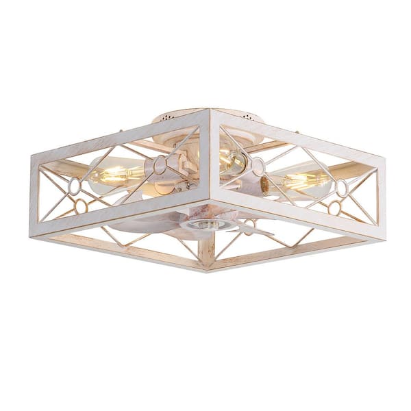 Breezary Square 16 in. Indoor White/Gold Hugger Ceiling Fan with Light Kit and Remote Included